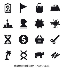 16 vector icon set : report, flag, shopping bag, pedestal, chess horse, chip, dna, dollar coin, remove from basket, palm, sheep, clothespin