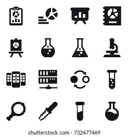 16 vector icon set : report, diagram, presentation, annual report, round flask, flask, microscope, server, quantum bond, vial, magnifier