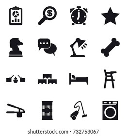 16 vector icon set : report, dollar magnifier, alarm clock, star, chess horse, discussion, table lamp, drawbridge, block wall, bed, Chair for babies, garlic clasp, vacuum cleaner, washing machine