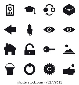 16 Vector Icon Set : Report, Graduate Hat, Quantum Bond, Box, Left Arrow, Spark Plug, Home, Unlock, Key, Landscape, Bucket, Flower, Hand Drop