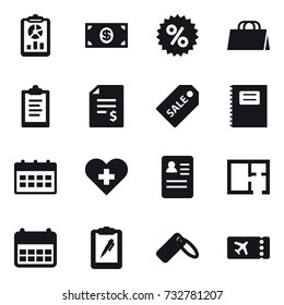 16 vector icon set : report, money, percent, shopping bag, clipboard, account balance, sale label, copybook, calendar, plan, ticket