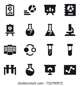 16 vector icon set : report, diagram, presentation, annual report, round flask, flask, microscope, server, quantum bond, vial