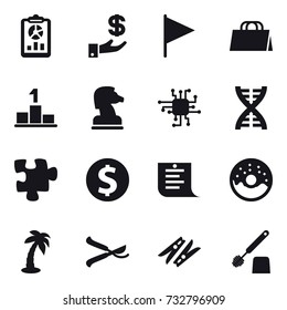 16 vector icon set : report, investment, flag, shopping bag, pedestal, chess horse, chip, dna, puzzle, dollar coin, shopping list, donut, palm, pruner, clothespin, toilet brush