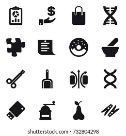 16 vector icon set : report, investment, shopping bag, dna, puzzle, shopping list, donut, scoop, hand mill, pear, clothespin