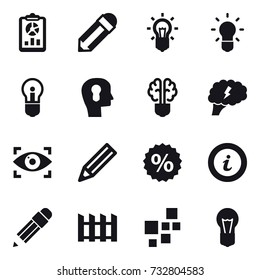 16 vector icon set : report, pencil, bulb, bulb head, bulb brain, brain, eye identity, percent, info, fence