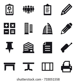 16 vector icon set : report, team, clipboard, pencil, calculator, skyscrapers, skyscraper, suitcase, table, window