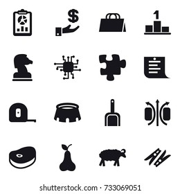 16 vector icon set : report, investment, shopping bag, pedestal, chess horse, chip, puzzle, shopping list, measuring tape, stadium, scoop, pear, sheep, clothespin