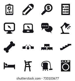 16 vector icon set : report, pencil, dollar magnifier, abacus, monitor arrow, notebook, discussion, table lamp, drawbridge, block wall, stairs, bed, Chair for babies, vacuum cleaner, washing machine