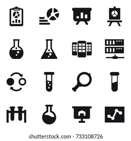 16 vector icon set : report, diagram, presentation, round flask, flask, server, quantum bond, vial, magnifier