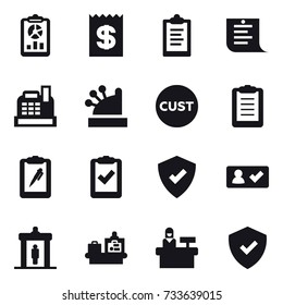 16 vector icon set : report, receipt, clipboard, shopping list, cashbox, check in, detector, baggage checking, reception