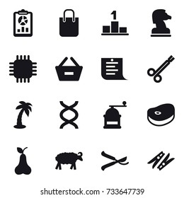 16 vector icon set : report, shopping bag, pedestal, chess horse, chip, remove from basket, shopping list, palm, hand mill, pear, sheep, pruner, clothespin