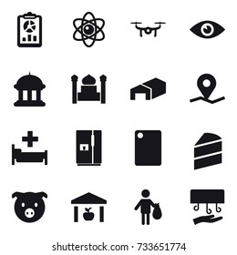 16 vector icon set : report, atom, drone, goverment house, minaret, warehouse, hospital, fridge, cutting board, pig, trash, hand dryer