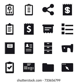 16 vector icon set : report, clipboard, share, receipt, atm receipt, list, copybook, slum