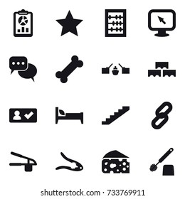 16 vector icon set : report, star, abacus, monitor arrow, discussion, drawbridge, block wall, check in, bed, stairs, garlic clasp, walnut crack, cheese, toilet brush