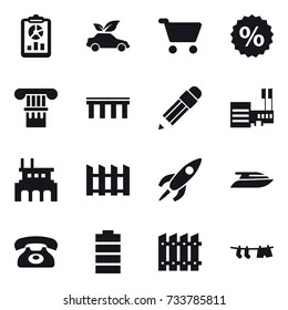 16 vector icon set : report, eco car, cart, percent, column, bridge, pencil, mall, factory, fence, yacht, phone, drying clothe