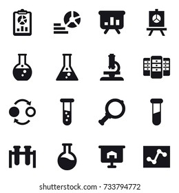 16 vector icon set : report, diagram, presentation, round flask, flask, microscope, server, quantum bond, vial, magnifier