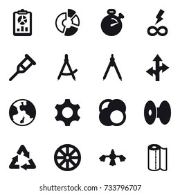 16 vector icon set : report, circle diagram, stopwatch, infinity power, draw compass, drawing compass, earth, wheel, hard reach place cleaning, paper towel