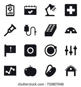 16 vector icon set : report, calendar, table lamp, brick, dome house, ring button, barn