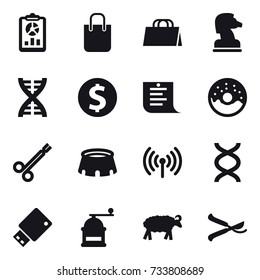 16 vector icon set : report, shopping bag, chess horse, dna, dollar coin, shopping list, donut, stadium, wireless, hand mill, sheep, pruner