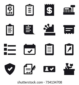 16 vector icon set : report, clipboard, receipt, cashbox, shopping list, atm receipt, list, check in, inspector
