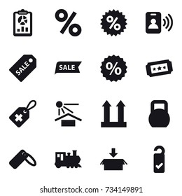 16 vector icon set : report, percent, pass card, sale label, sale, ticket, train, package, please clean