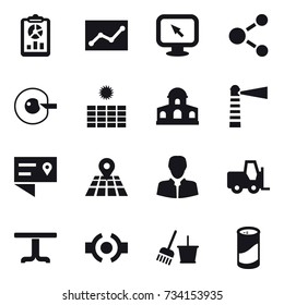 16 vector icon set : report, statistic, monitor arrow, molecule, cell corection, sun power, mansion, lighthouse, table, bucket and broom, cleanser powder