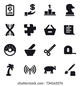 16 vector icon set : report, investment, pedestal, chess horse, dna, puzzle, remove from basket, shopping list, donut, measuring tape, palm, wireless, sheep, toilet brush