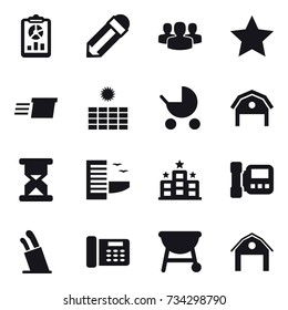 16 vector icon set : report, pencil, group, star, delivery, sun power, baby stroller, barn, hotel, intercome, stands for knives