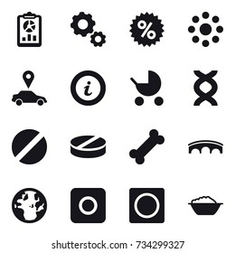 16 vector icon set : report, gear, percent, round around, car pointer, info, baby stroller, bridge, ring button, foam basin