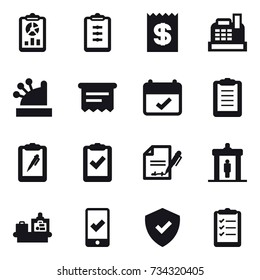 16 vector icon set : report, clipboard, receipt, cashbox, atm receipt, detector, baggage checking, mobile checking, clipboard list