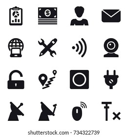 16 vector icon set : report, money, woman, mail, notebook globe, pencil wrench, wireless, web cam, unlock, ring button