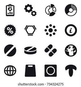 16 vector icon set : report, gear, circle diagram, percent, hex molecule, round around, info, globe, cutting board, ring button