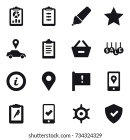 16 vector icon set : report, clipboard, marker, star, car pointer, remove from basket, sale, info, mobile checking, handwheel
