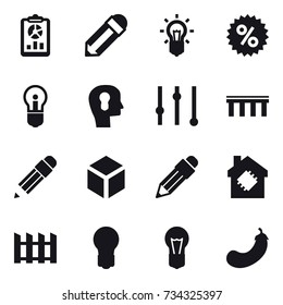 16 vector icon set : report, pencil, bulb, percent, bulb head, equalizer, bridge, 3d, smart house, fence, eggplant