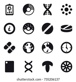 16 vector icon set : report, circle diagram, dna, round around, info, donut, earth, watch, cutting board, wheel