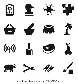 16 vector icon set : report, chess horse, chip, puzzle, remove from basket, stadium, palm, wireless, scoop, pear, sheep, pruner, clothespin, toilet brush