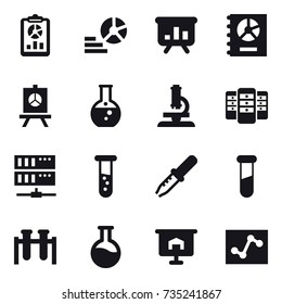 16 vector icon set : report, diagram, presentation, annual report, round flask, microscope, server, vial