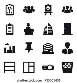 16 vector icon set : report, group, presentation, clipboard, skyscraper, door, city, rack, window, trash bin