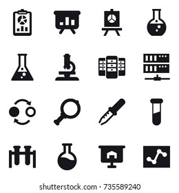 16 vector icon set : report, presentation, round flask, flask, microscope, server, quantum bond, magnifier