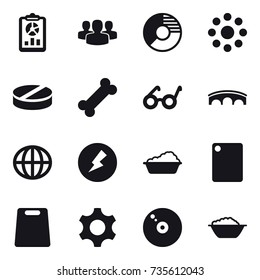 16 vector icon set : report, group, circle diagram, round around, bridge, globe, electricity, washing, cutting board, foam basin