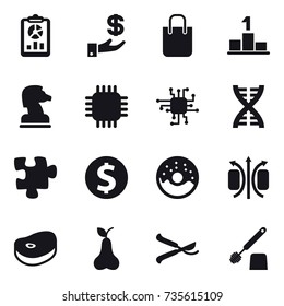 16 vector icon set : report, investment, shopping bag, pedestal, chess horse, chip, dna, puzzle, dollar coin, donut, pear, pruner, toilet brush