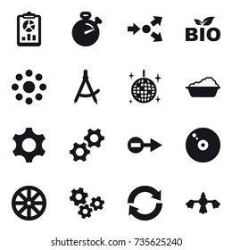 16 vector icon set : report, stopwatch, core splitting, bio, round around, draw compass, disco ball, washing, wheel, gears, reload, hard reach place cleaning