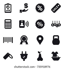 16 vector icon set : report, investment, percent, sale, calculator, pass card, barcode, medal, pear, handle washing