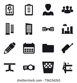 16 vector icon set : report, clipboard, woman, group, skyscrapers, skyscraper, school, city, pencil, suitcase, table, trash bin, skyscrapers cleaning