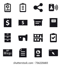 16 vector icon set : report, clipboard, share, pass card, receipt, atm receipt, copybook, slum, modular house, passport