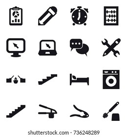 16 vector icon set : report, pencil, alarm clock, abacus, monitor arrow, notebook, discussion, pencil wrench, drawbridge, stairs, bed, washing machine, garlic clasp, walnut crack, toilet brush