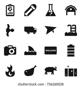 16 vector icon set : report, pencil, flask, barn, deltaplane, pool, camera, shark flipper, welcome mat, sheep, clean  window