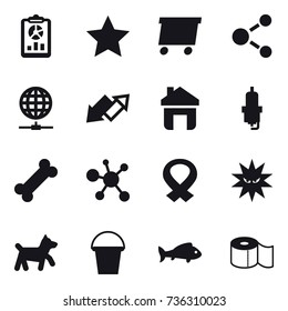 16 vector icon set : report, star, delivery, molecule, globe connect, up down arrow, home, spark plug, dog, bucket, fish, toilet paper