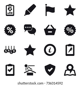 16 vector icon set : report, marker, flag, star, percent, discussion, remove from basket, sale, info, map