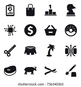 16 vector icon set : report, shopping bag, pedestal, chess horse, chip, dollar coin, remove from basket, donut, stadium, palm, sheep, pruner, toilet brush